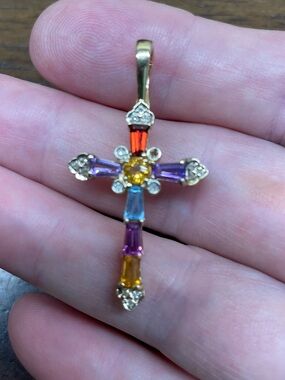 Large Solid 14K Gold Cross Pendant with Semiprecious Stones
